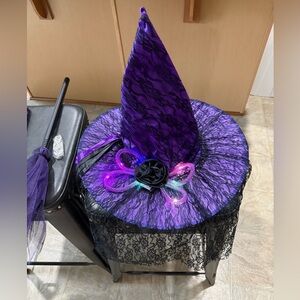 Light up Witch Hat with Black Veil light up plastic broom and socks NWOT